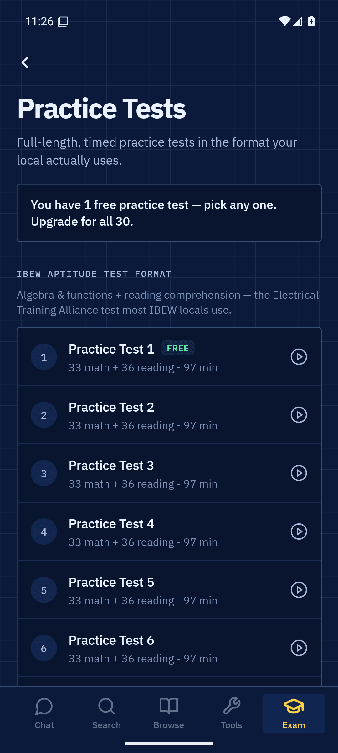 Sparky AI practice tests screen